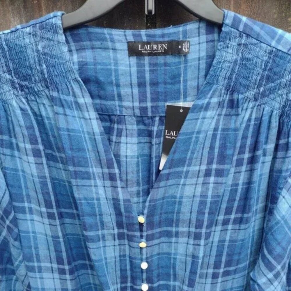 Ralph Lauren Linen Plaid Romper Blue - Picture 2 of 10